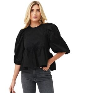 Hunter Bell Harlow Black Puff Sleeve Peplum Top Size Small Cotton